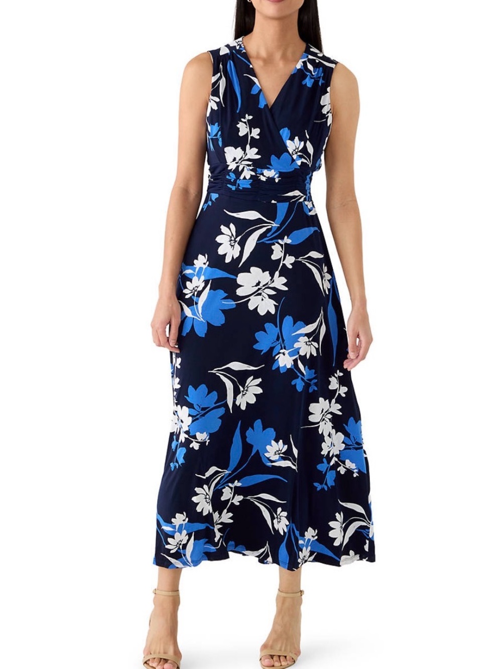Sleeveless Navy Blue Floral Wrap Midi Dress